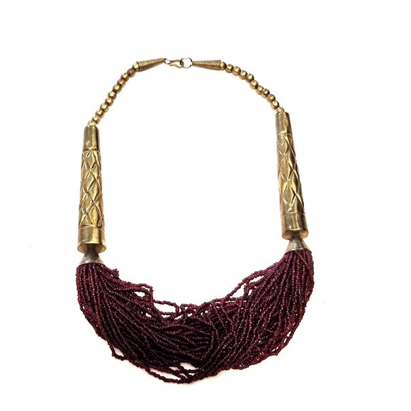 Burgundy Red Glass Seed Bead Multi-strand Twist Necklace Gold Tone Hook Clasp - Picture 1 of 4